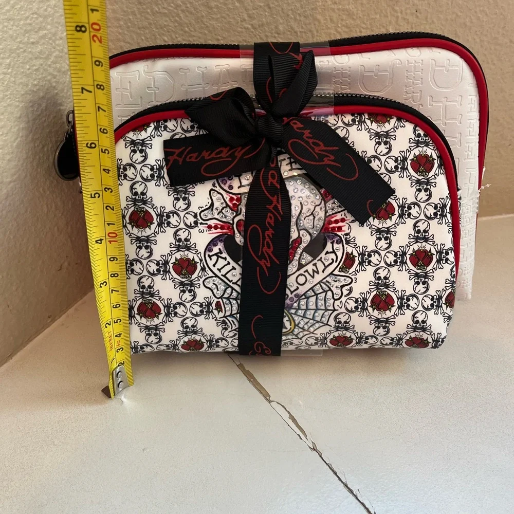 Ed Hardy Red White Black Patterned Cosmetic Makeup Bag Set